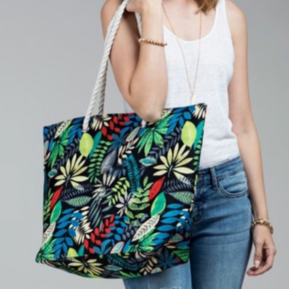 Vibrant Colors Beach Bag with Rope Straps Floral Print Tote Bag - Picture 4 of 5